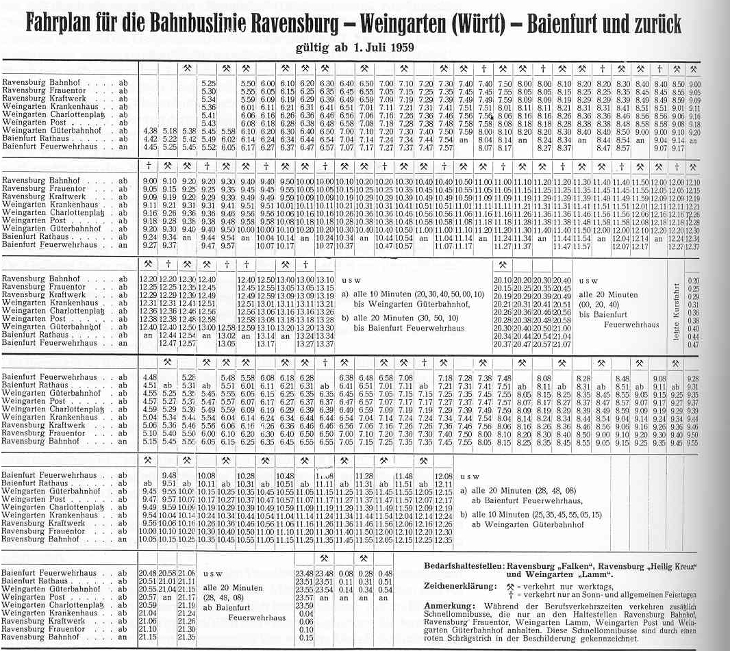 Fahrplan 1959 der BahnBuslinie zwischen Ravensburg und Baienfurt